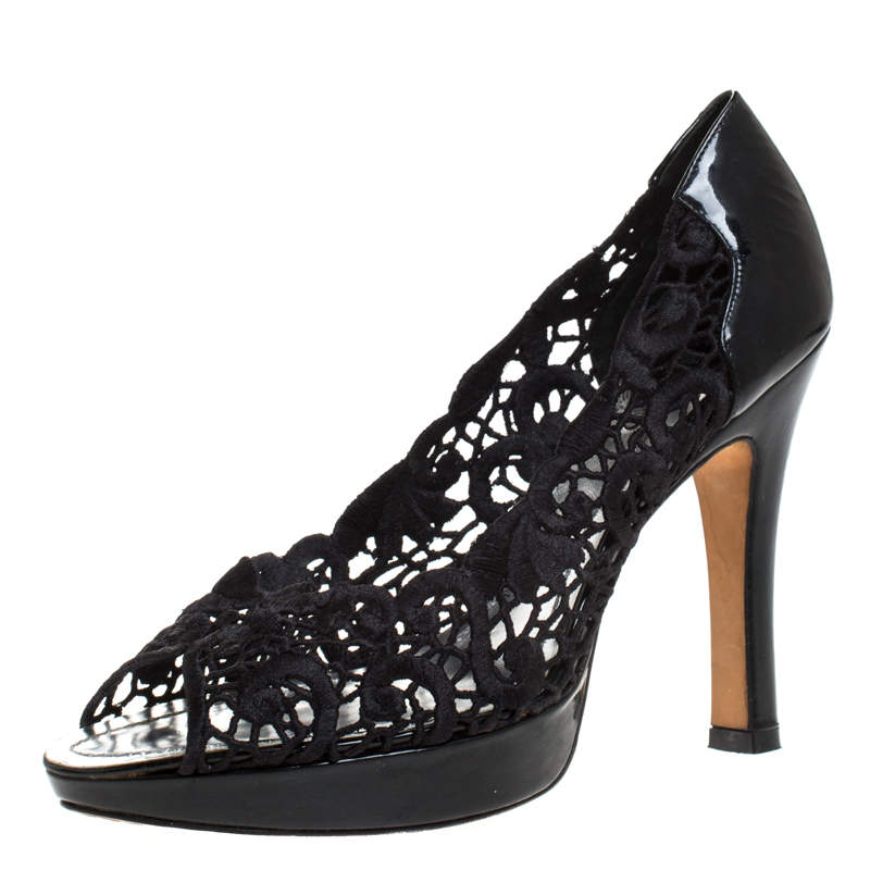  Rene Caovilla Black Lace Peep Toe Pumps Size 39