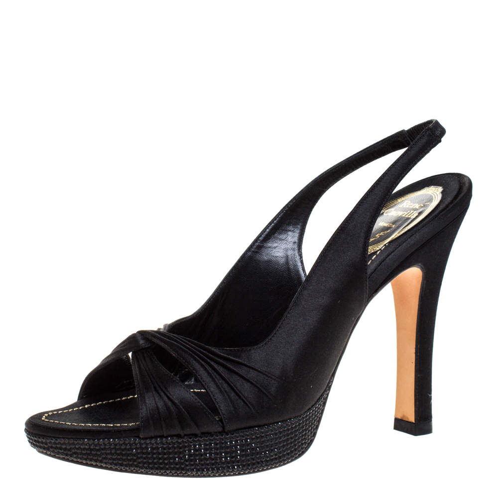 Pre Owned Renè Caovilla Black Pleated Satin Slingback Embellished Platform Sandals Size 39