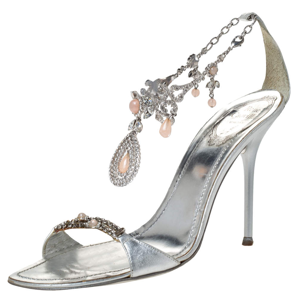 Pre Owned René Caovilla Metallic Silver Leather Embellished Anklet Open Toe Sandals Size 40