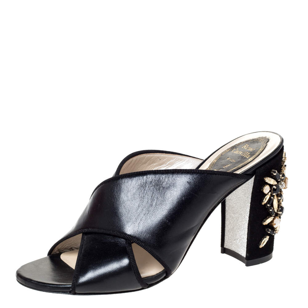 Rene Caovilla Black Leather And Suede Crystal Embellished Block Heel Sandals Size 37