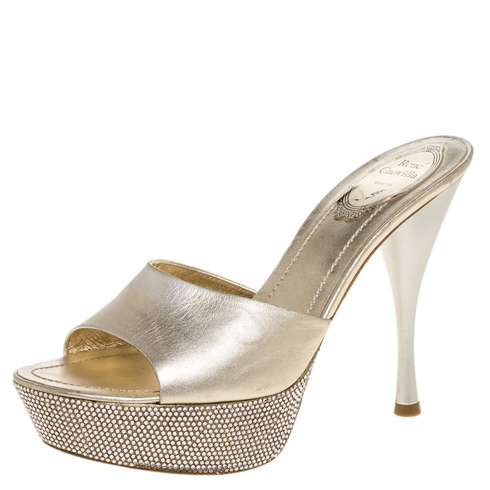 Pre Owned René Caovilla Gold Leather Crystal Embellished Platform Sandals Size 38