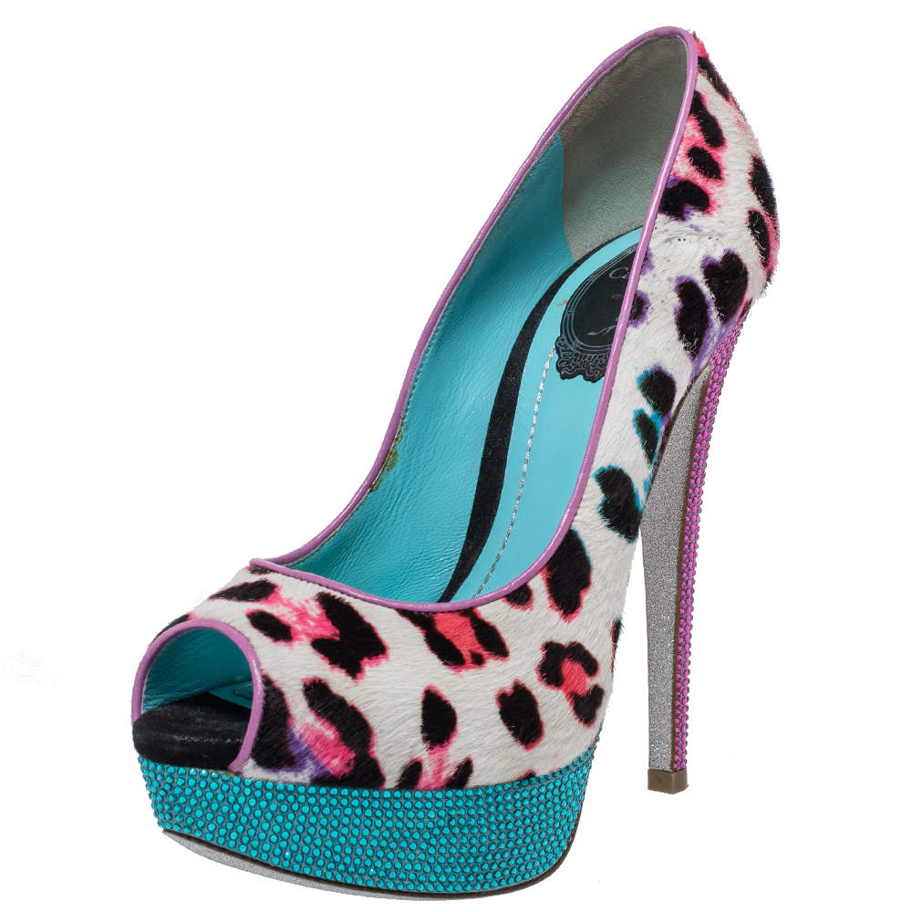 Pre Owned René Caovilla Multicolor Leopard Pony Hair And Crystal Embellished Satin Platform Peep Toe Pumps Size 37
