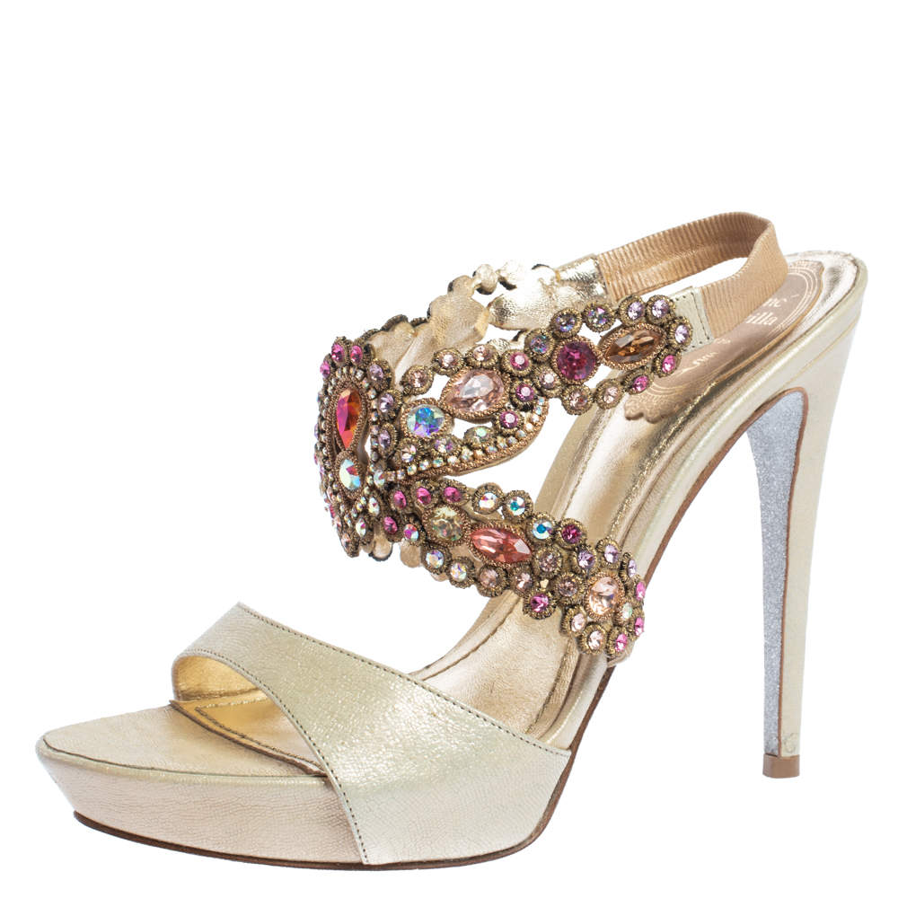 René Caovilla Beige Leather Crystal Embellished Platform Ankle Strap Sandals Size 37