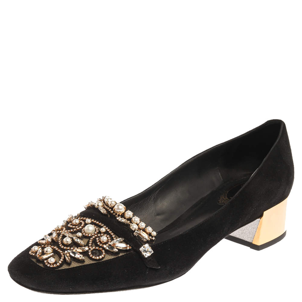 René Caovilla Black Suede Leather Crystal Embellished Block Heel Pumps Size 40