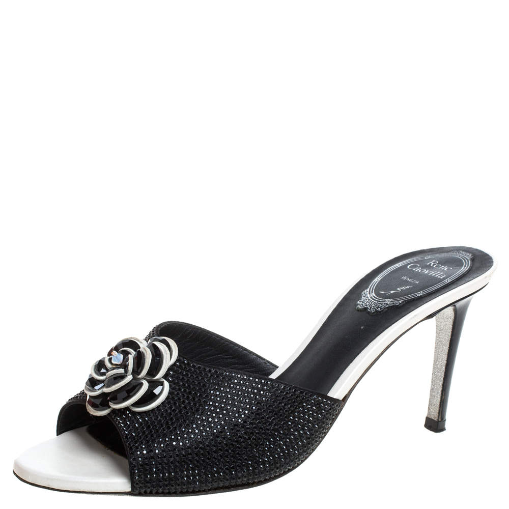 Rene Caovilla Black Satin Crystal Flower Embellished Slide Sandals Size 37