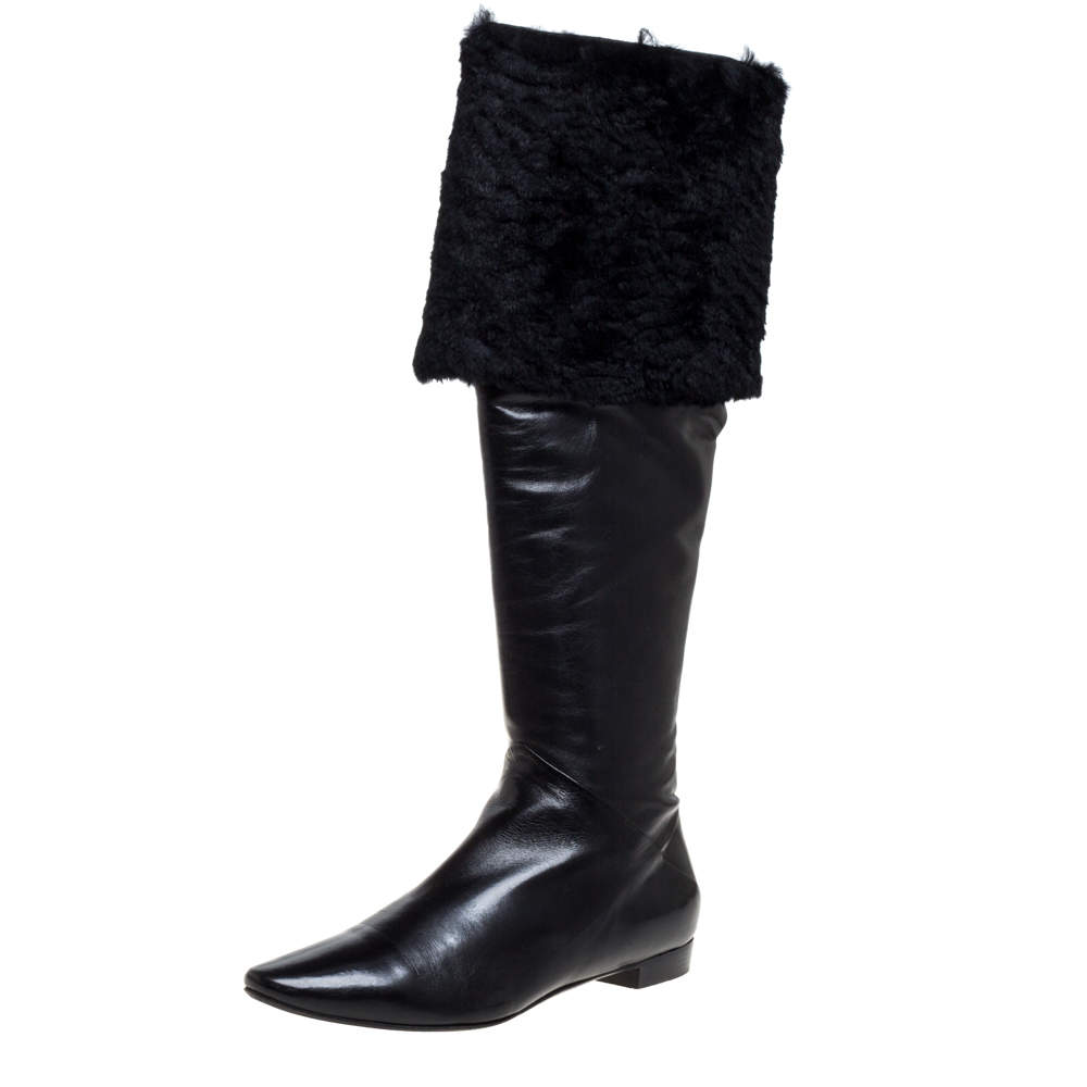 Pre Owned Rene Caovilla Black Leather And Faux Fur Knee High Boots Size 39