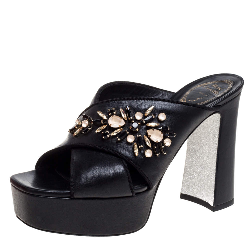 René Caovilla Black Leather Crystal Embellished Cross Strap Peep Toe Platform Mules Size 38