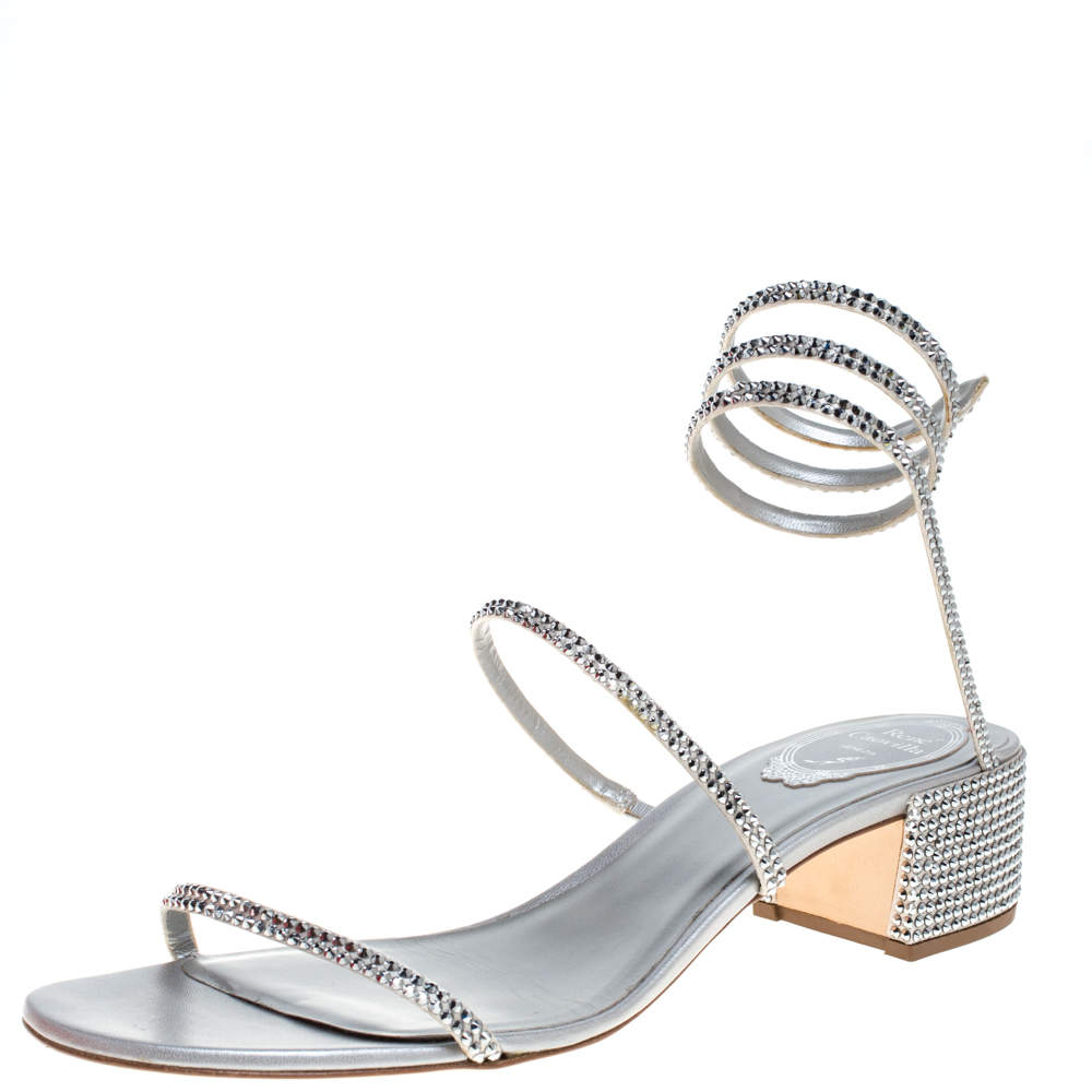 Pre Owned Rene Caovilla Silver Satin and Leather Cleo Crystal Embellished Sandals Size 40