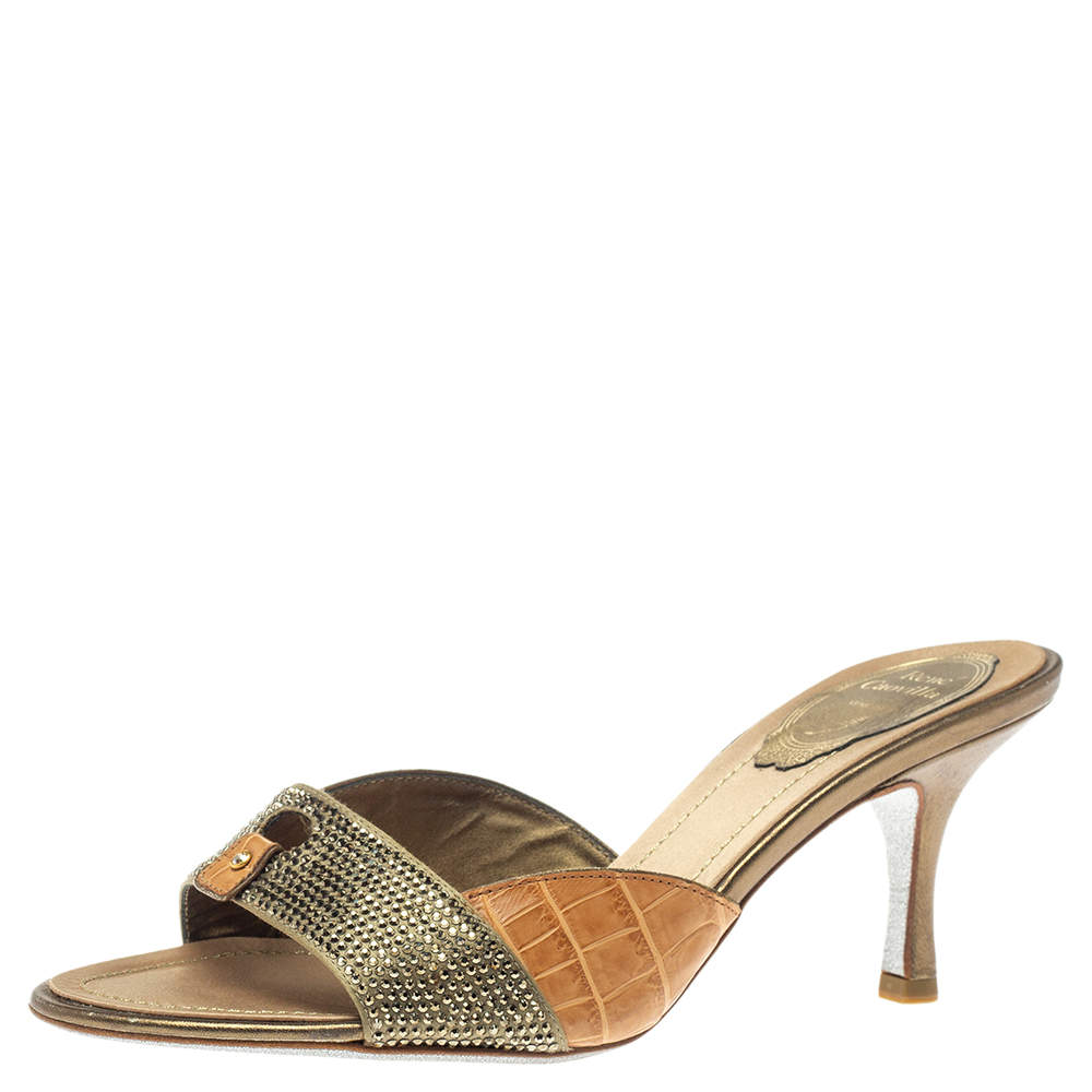 Pre Owned Rene Caovilla Brown/Olive Green Alligator Leather And Satin Crystal Embellished Open Toe Sandals Size 37
