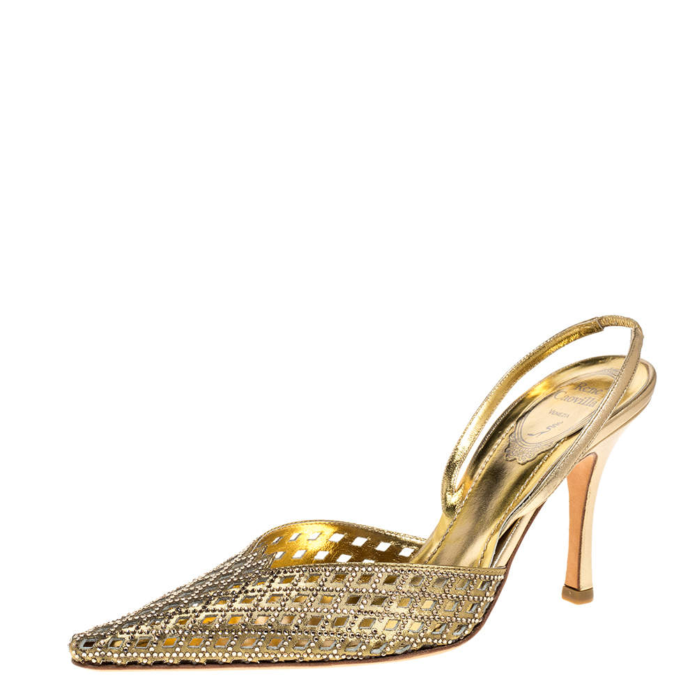 Pre Owned Rene Caovilla Metallic Gold Leather Embellished Slingback Pumps Size 37