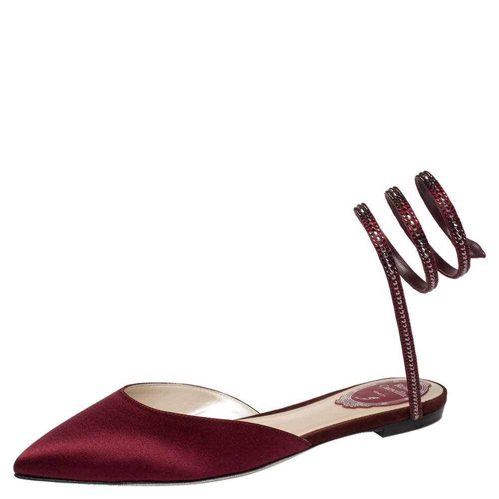 Pre Owned René Caovilla Burgundy Satin Crystal Embellished Ankle Wrap Pointed Toe Flats Size 37
