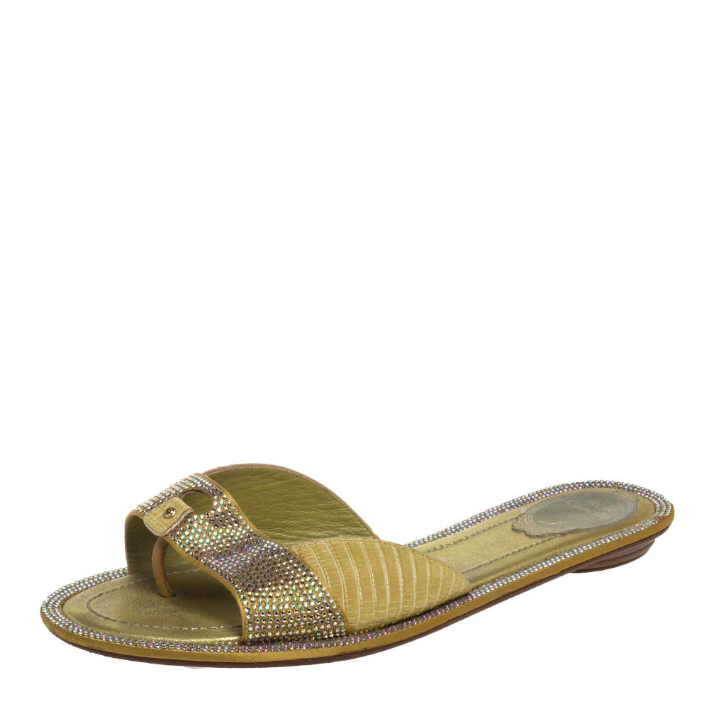 Rene Caovilla Yellow Lizard Embossed Leather And Satin Crystal Embellished Thong Flat Slides Size 40