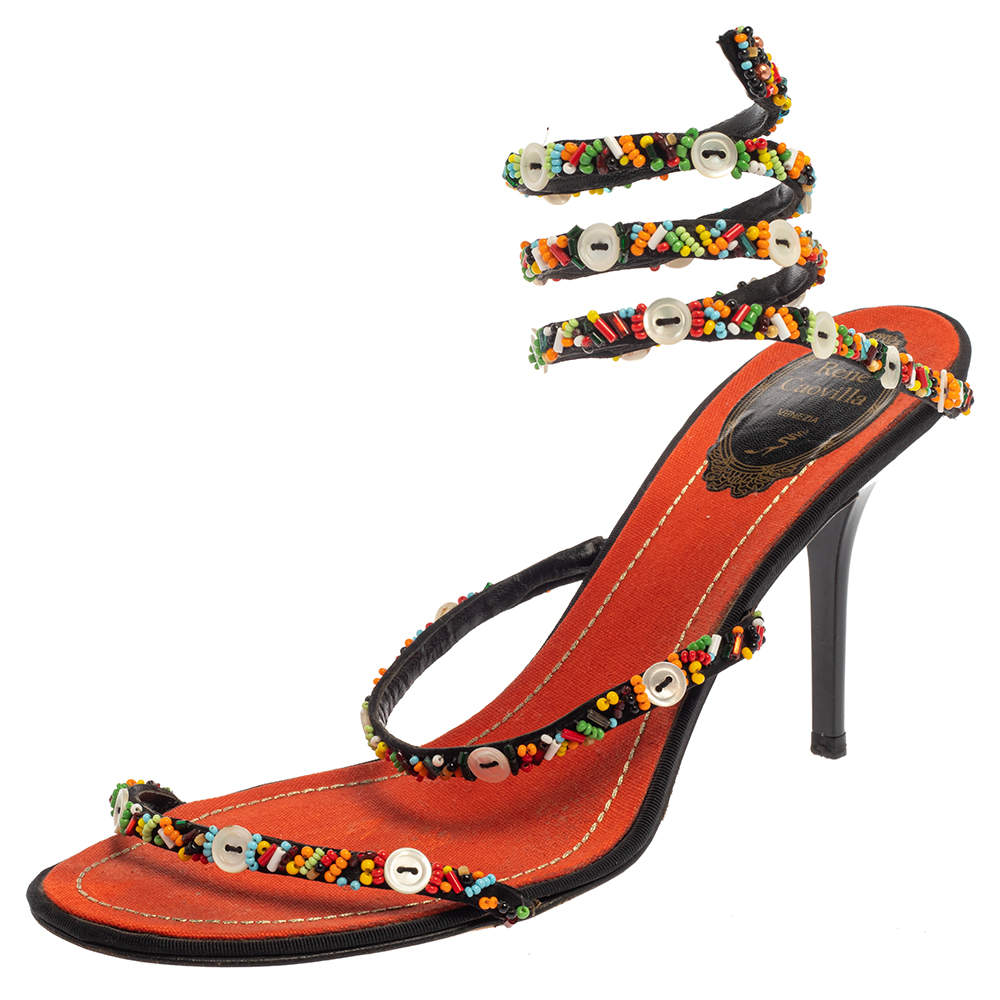 مملوكة مسبقًا René Caovilla Orange/Black Satin Embellished Ankle Wrap Sandals Size 39.5