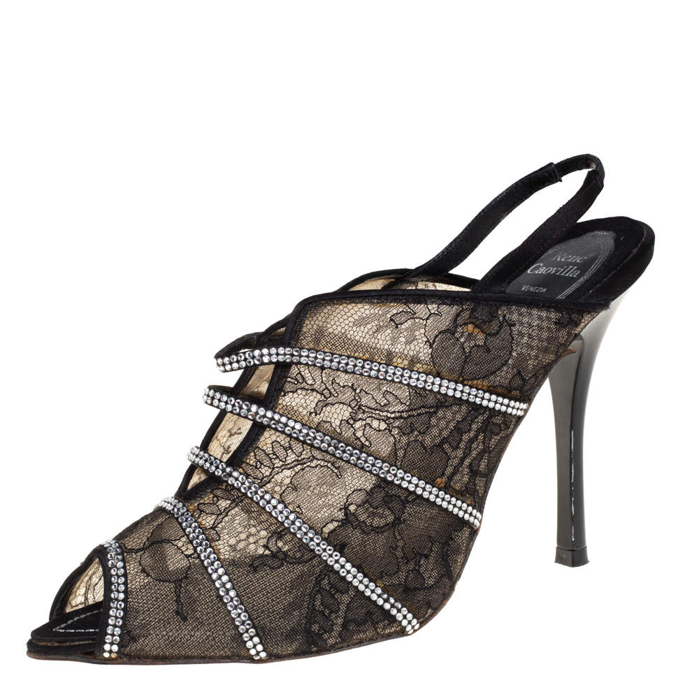 Pre Owned Rene Caovilla Black Lace Crystal Embellished Peep Toe Sandals Size 38