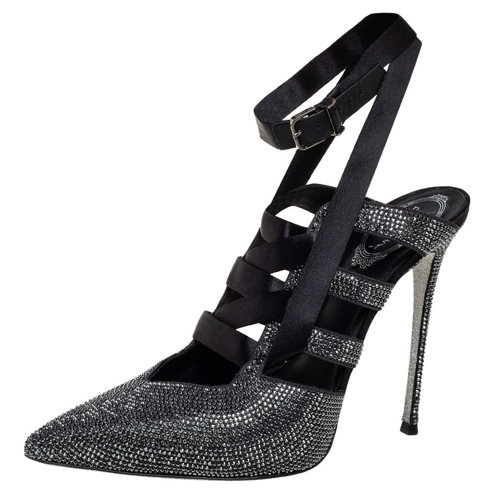 Pre Owned حذاء سلايد رينيه كوفيلا ساتان مزخرف كريستال أسود سير كاحل مقاس 39.5