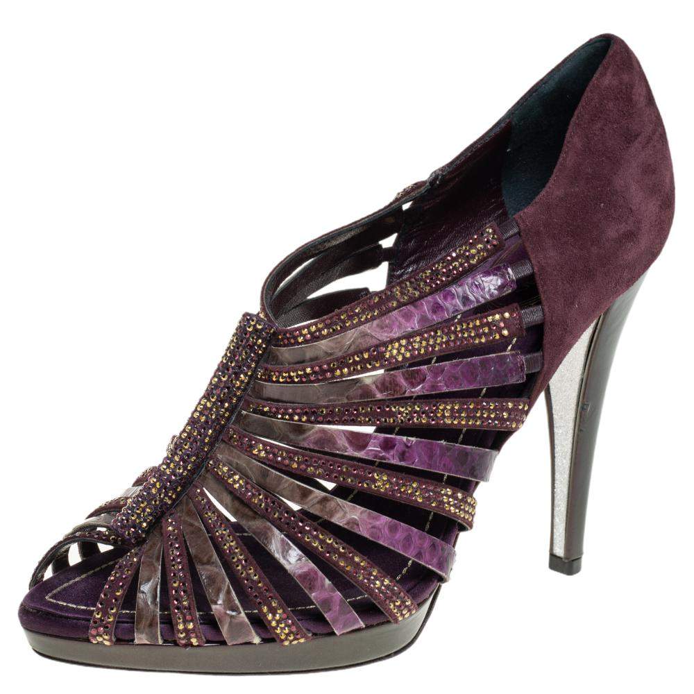 Rene Caovilla Suede And Python Leather Embellished Sandals Size 40