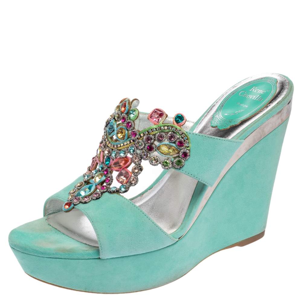 Pre Owned صندل رينيه كوفيلا كعب روكي مزخرف جواهر سويدي أكوامارين مقاس 38.5