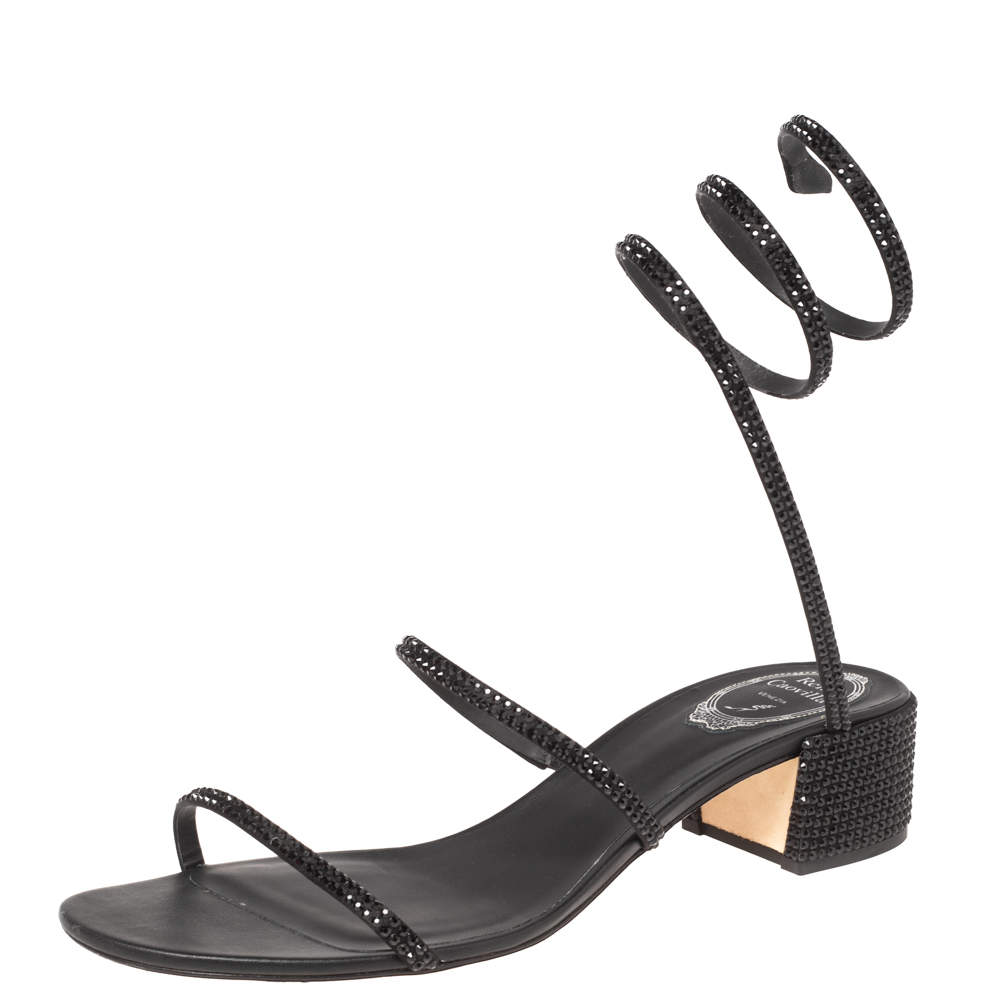 Rene Caovilla Black Satin Cleo Crystal Embellished Sandals Size 40