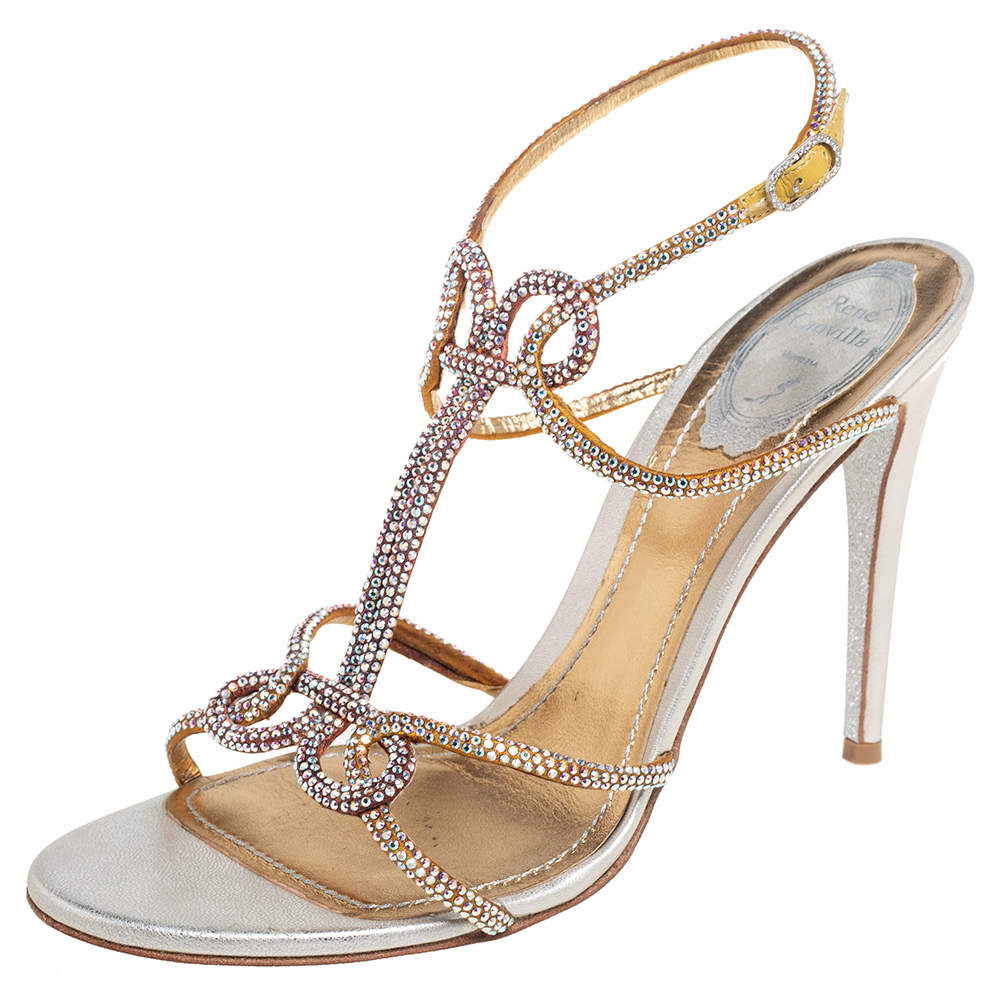 René Caovilla Beige Satin Crystal Embellished Ankle Strap Sandals Size 39.5