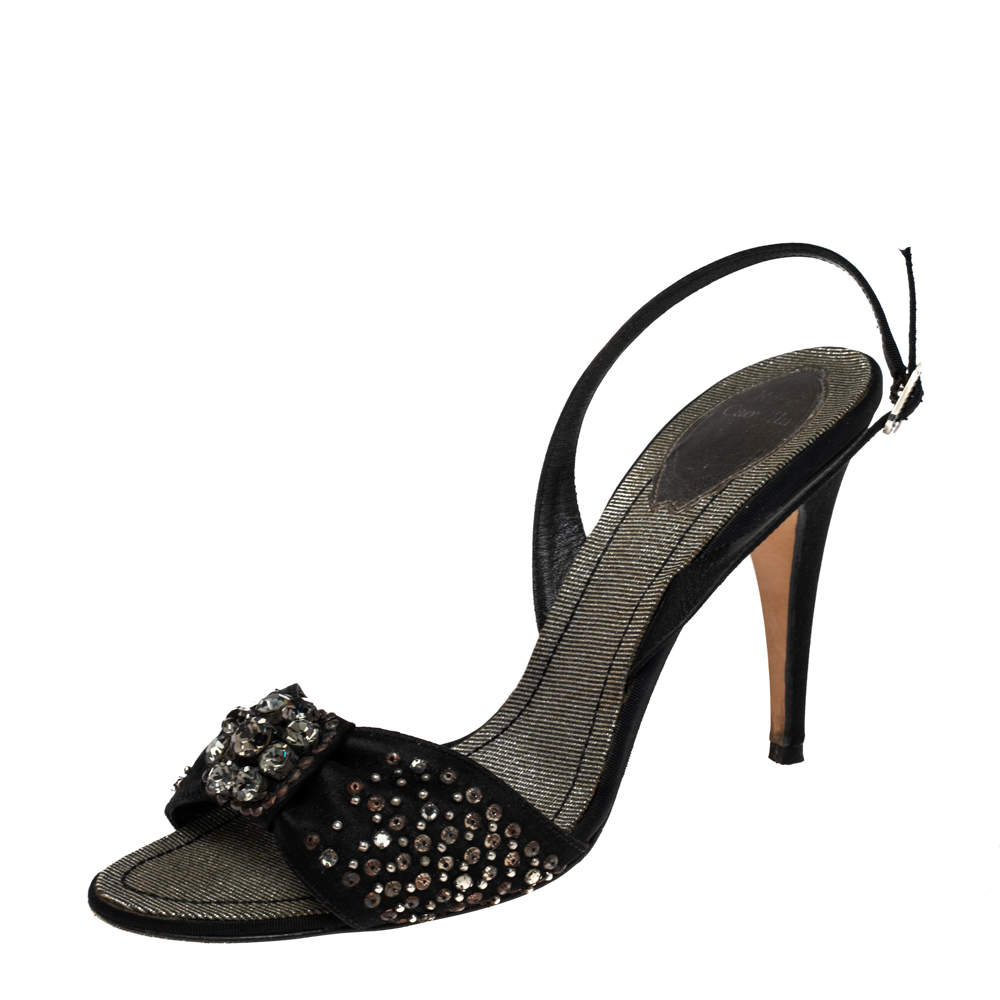 Pre Owned René Caovilla Black Satin Embellished Sandals Size 39