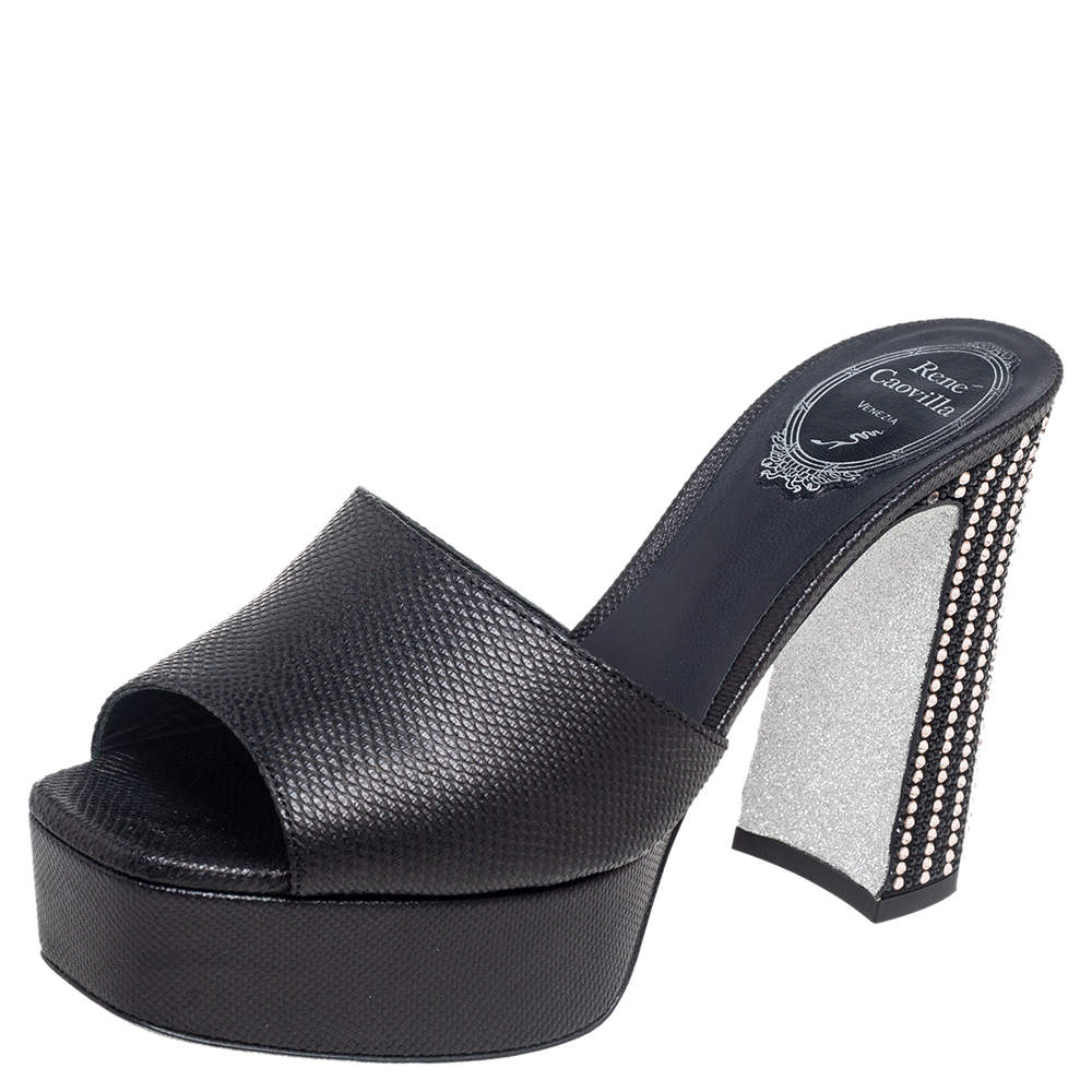 Pre Owned Rene Caovilla Black Leather Slide Sandals Size 37.5