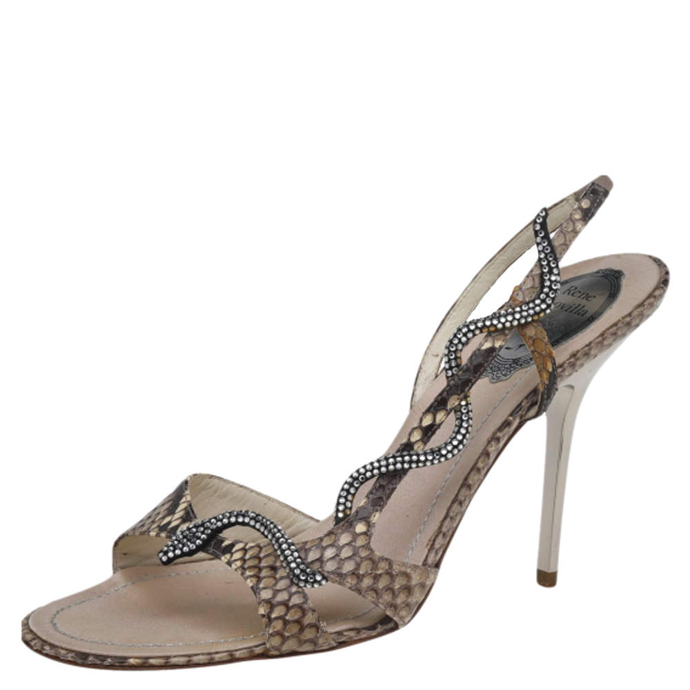 René Caovilla Beige Python Crystal Embellished Snake Slingback Sandals Size 39