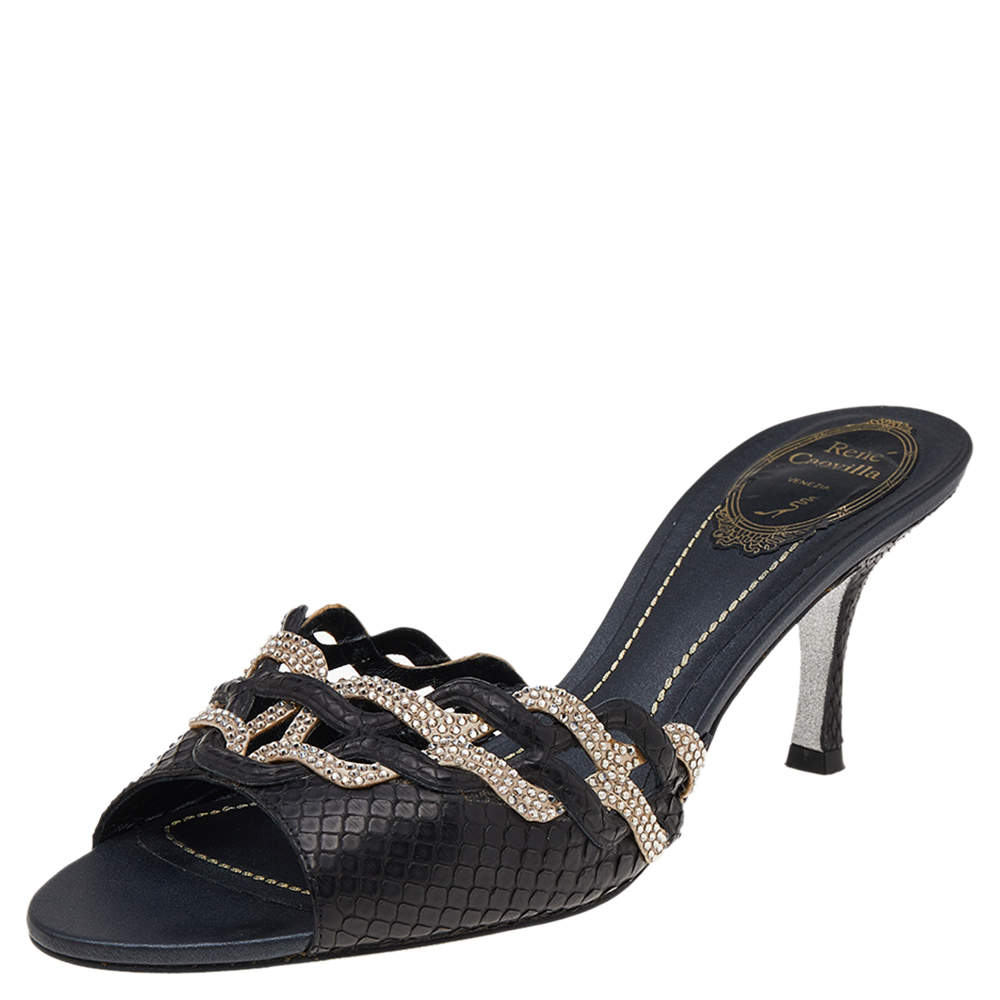 René Caovilla Black Python Leather And Embellished Satin Slides Sandals Size 38.5