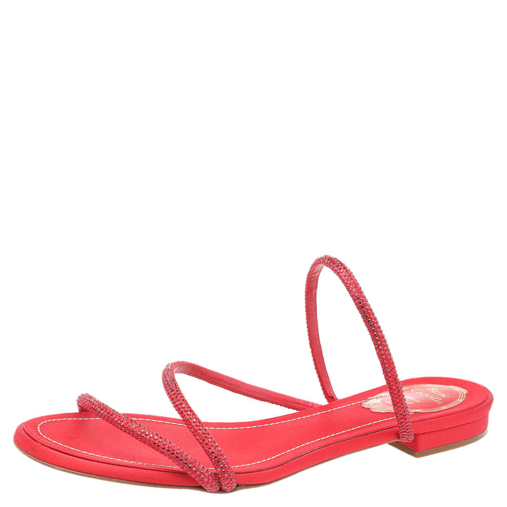 Pre Owned René Caovilla Red Crystal Embellished Satin Strappy Flats Size 39