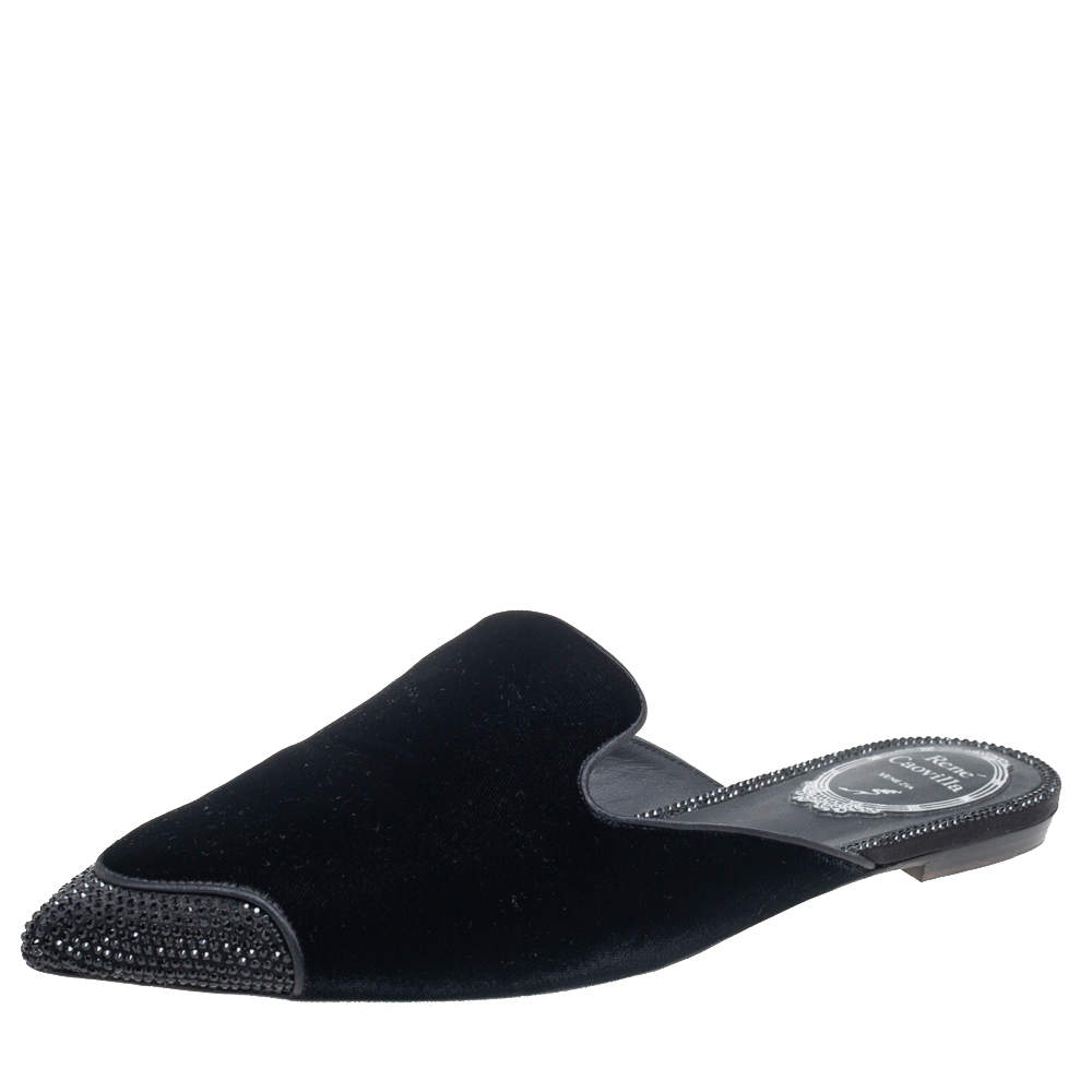 René Caovilla Black Velvet Crystal Embellished Flat Mule Size 38