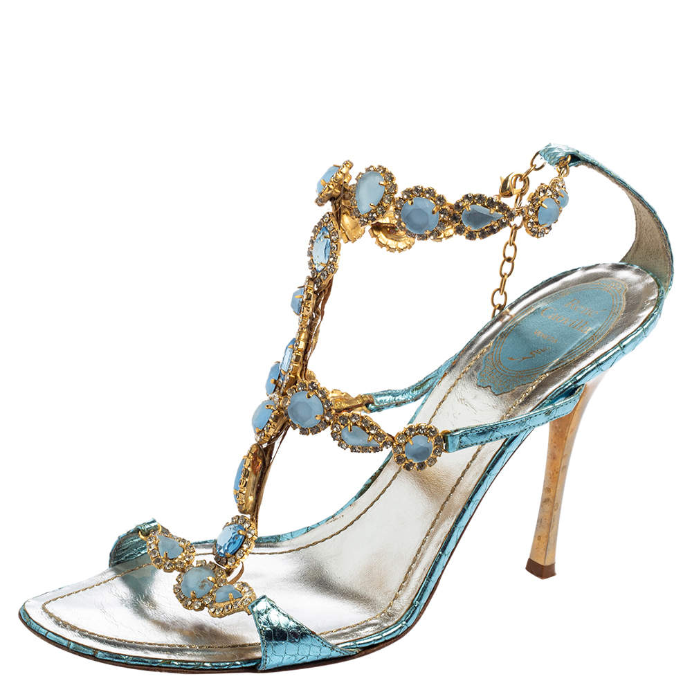 Pre Owned René Caovilla Metallic Blue Snakeskin Embossed Leather Stones/Crystals Embellished Ankle-Strap Sandals Size 39