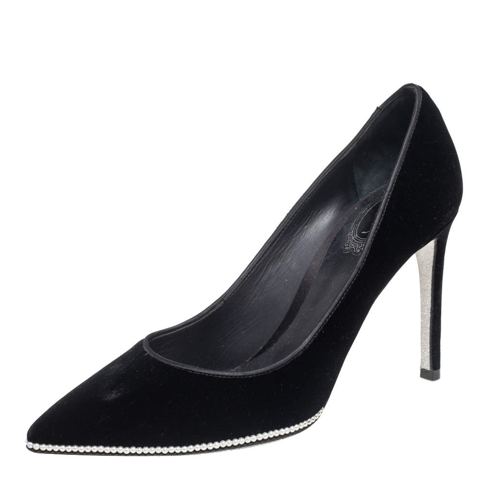 Pre Owned René Caovilla Black Velvet Grace Pointed-Toe Pumps Size 38