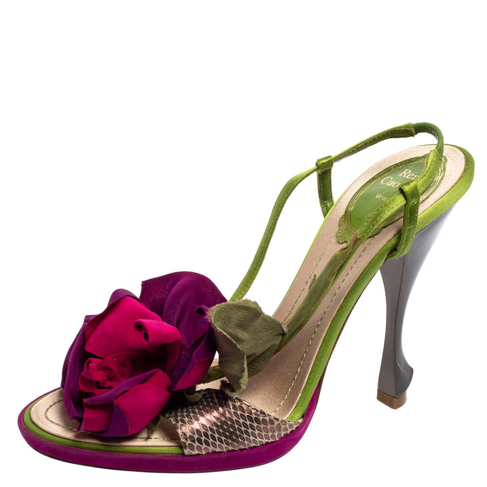 René Caovilla Multicolor Snakeskin Leather and Satin Flower Applique Slingback Sandals Size 37