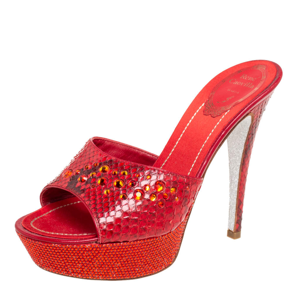 Pre Owned René Caovilla Red Snakeskin Leather Studded Crystals Platform Sandals Size 37
