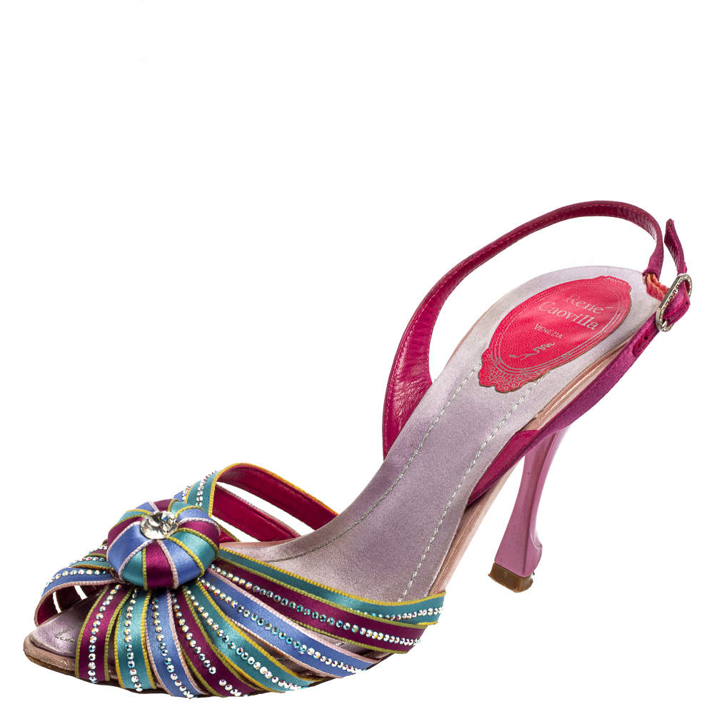 René Caovilla Multicolor Satin Crystal Flower Embellished Ankle Strap Sandals Size 37