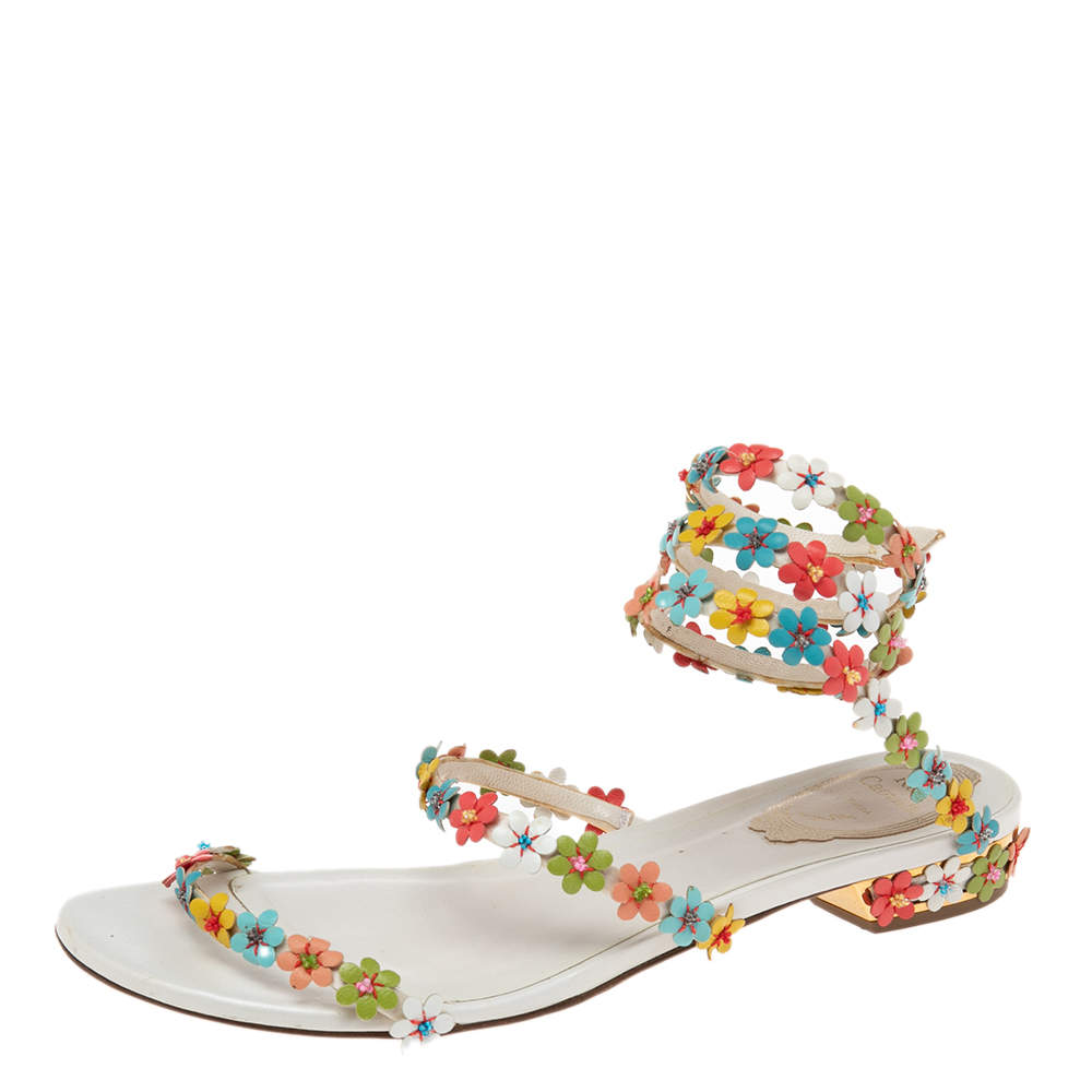 Pre Owned Rene Caovilla Multicolor Floral Embellished Leather Coil Ankle-Wrap Flat Sandals Size 37.5