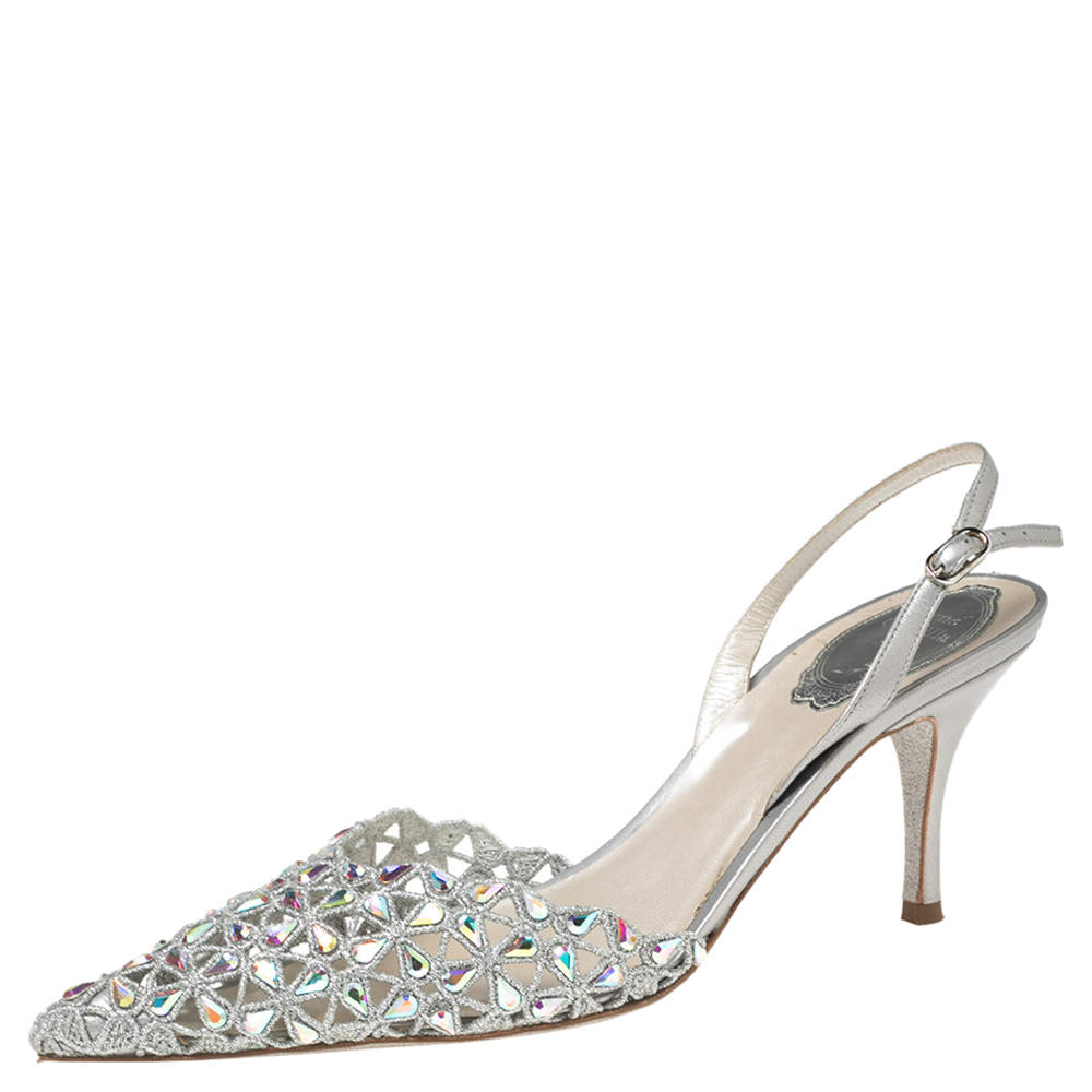 Pre Owned René Caovilla Metallic Grey Crystal Embellished Macrame Lace and Leather Slingback Sandals Size 38