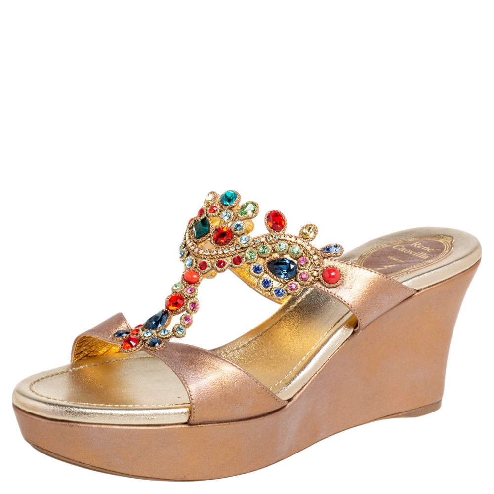 René Caovilla Bronze Leather Embroidery Embellished Wedge Platform Slide Sandals Size 38.5