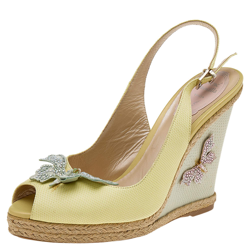 René Caovilla Yellow Leather Espadrille Wedge Sandals Size 38
