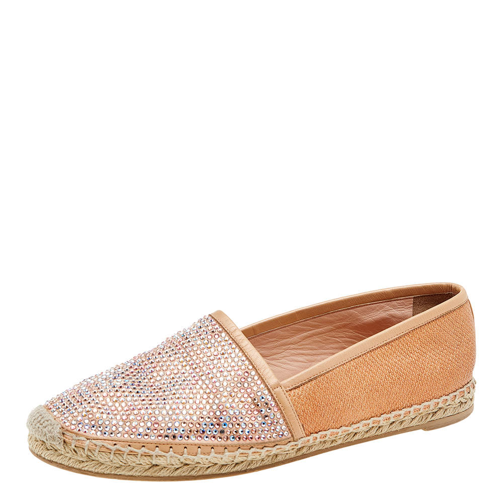 Pre Owned René Caovilla Peach Snakeskin Embossed Leather Crystal Embellished Espadrille Flats Size 39
