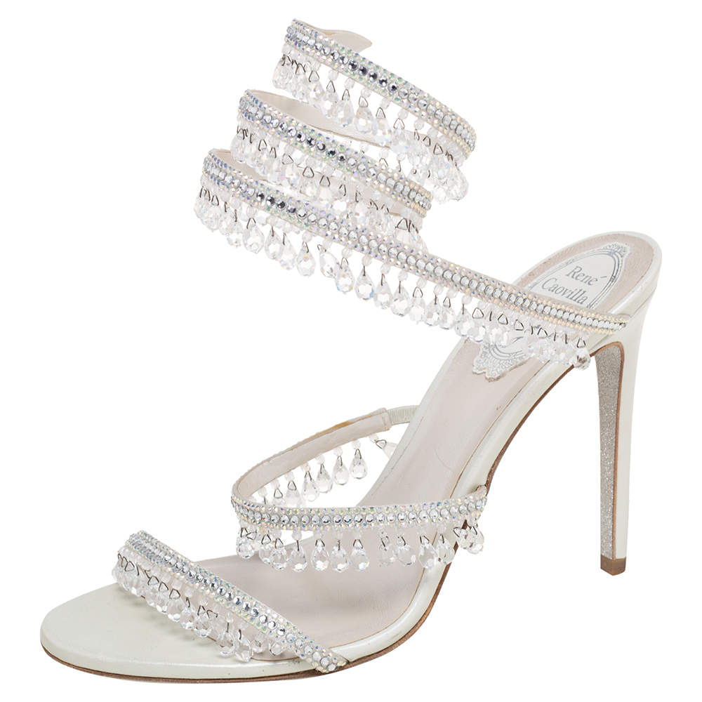 Pre Owned René Caovilla White Leather Embellished Chandelier Sandals Size 37