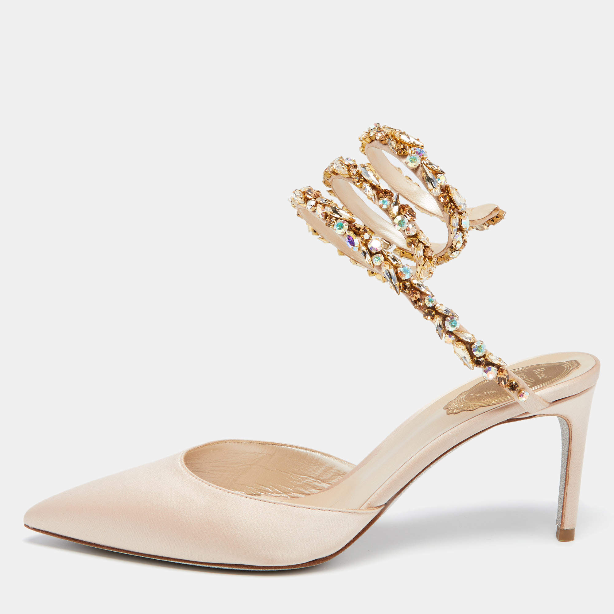 René Caovilla Beige Satin Crystal Embellished Ankle Wrap Sandals Size 39