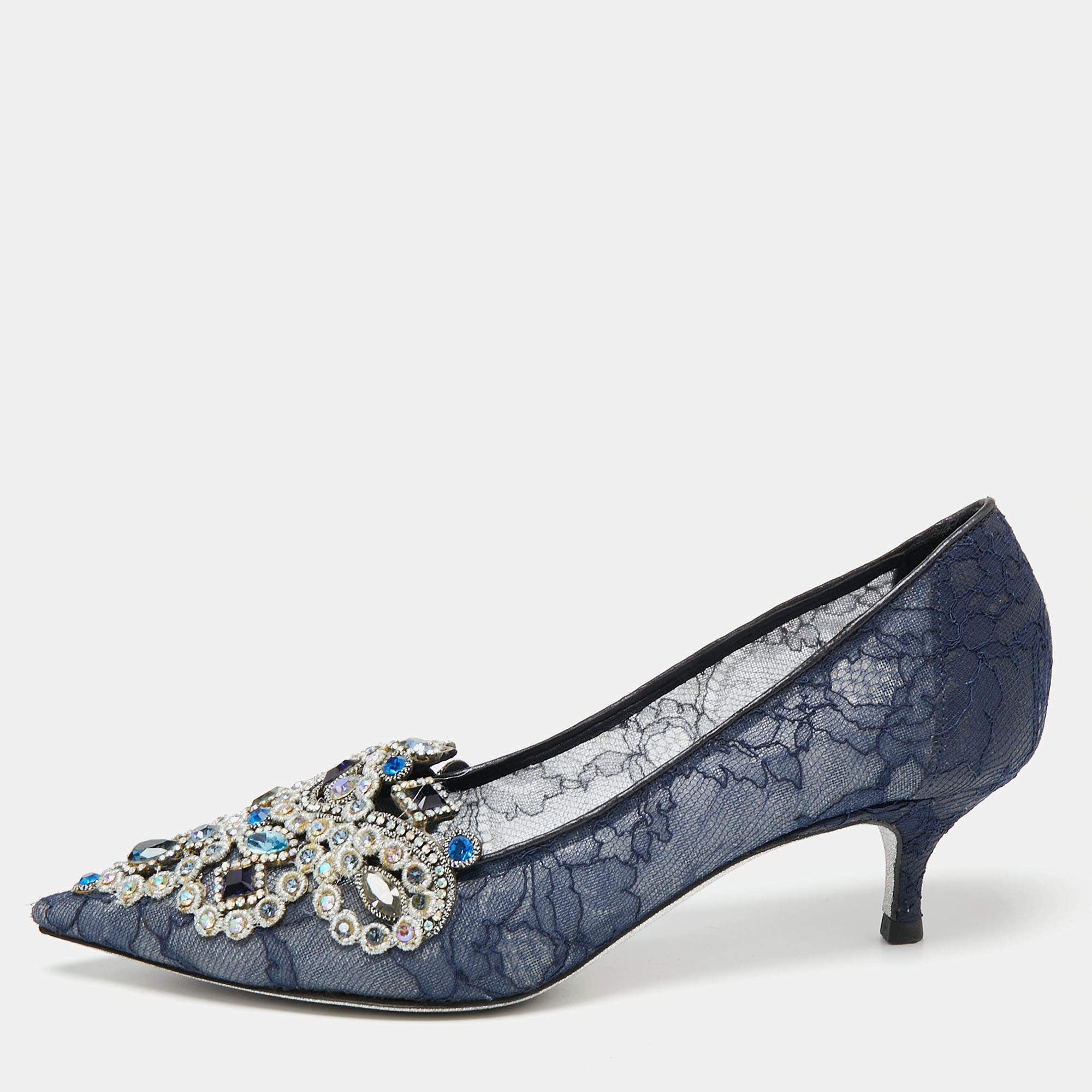مملوكة مسبقًا حذاء كعب عالي رينيه كوفيلا دانتيل أزرق مزخرف كريستال مقدمة مدببة مقاس 36