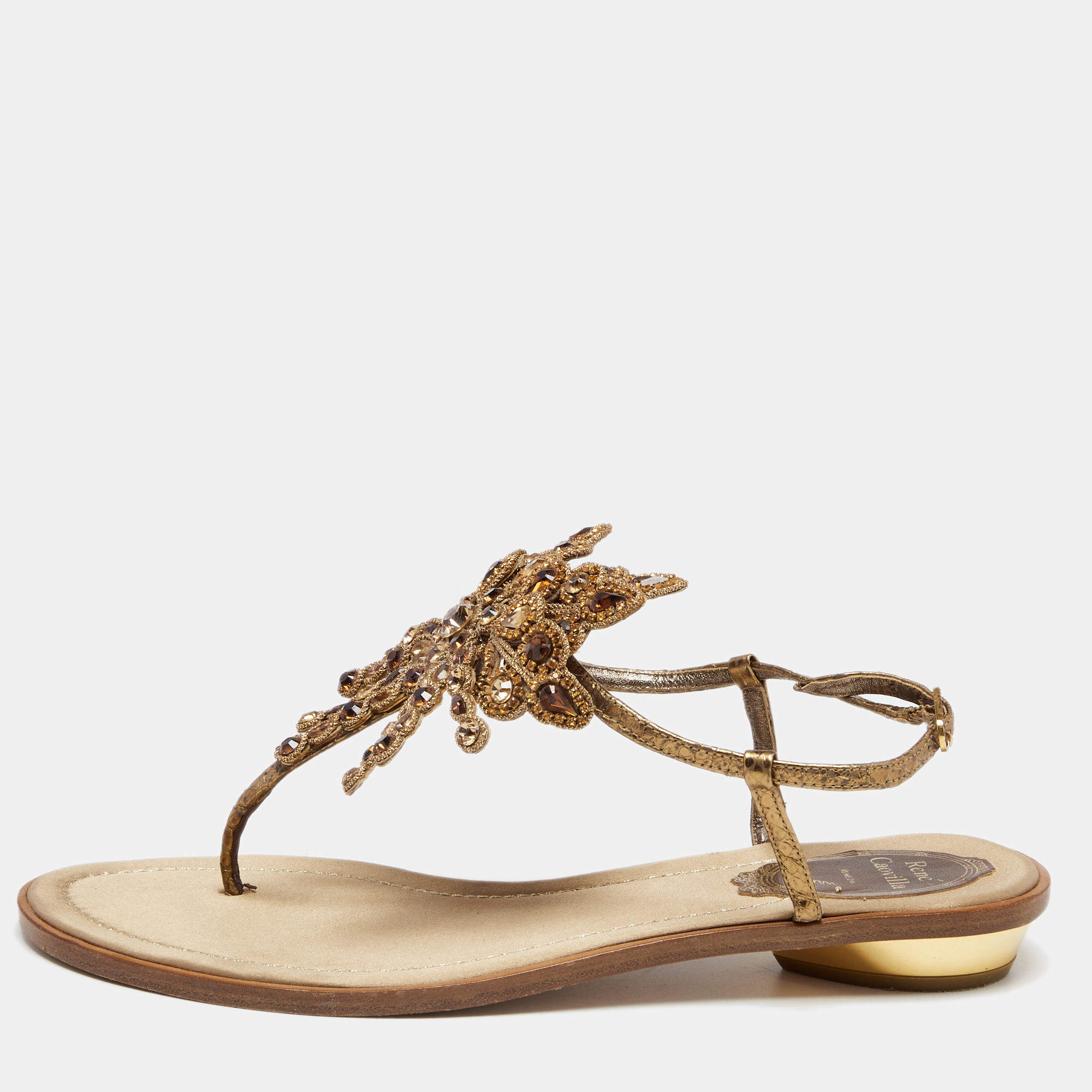 René Caovilla Gold Python Embossed Leather Crystal Embellished Thong Flat Sandals Size 37.5