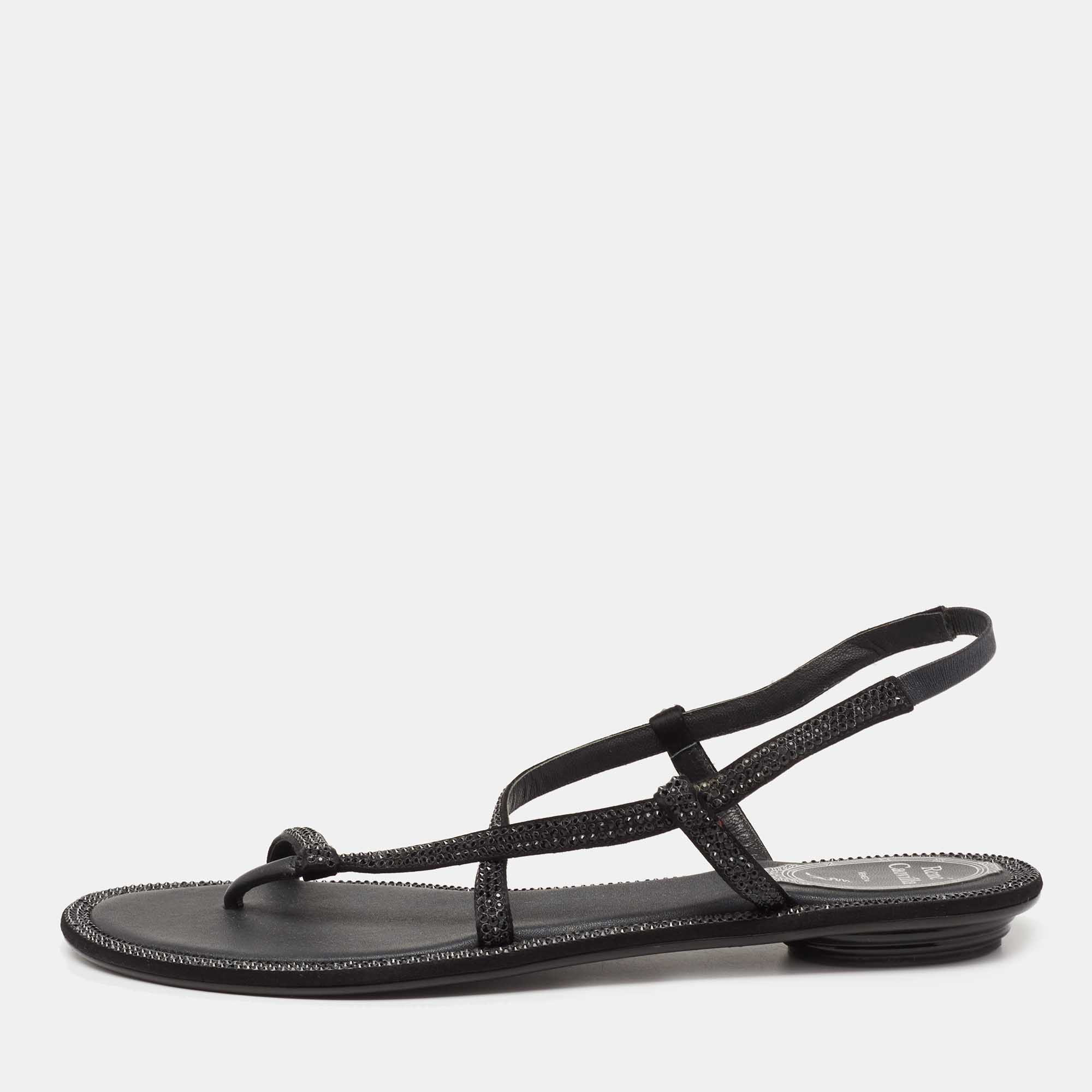 Pre Owned René Caovilla Black Satin Crystal Embellished Strappy Flats Size 38