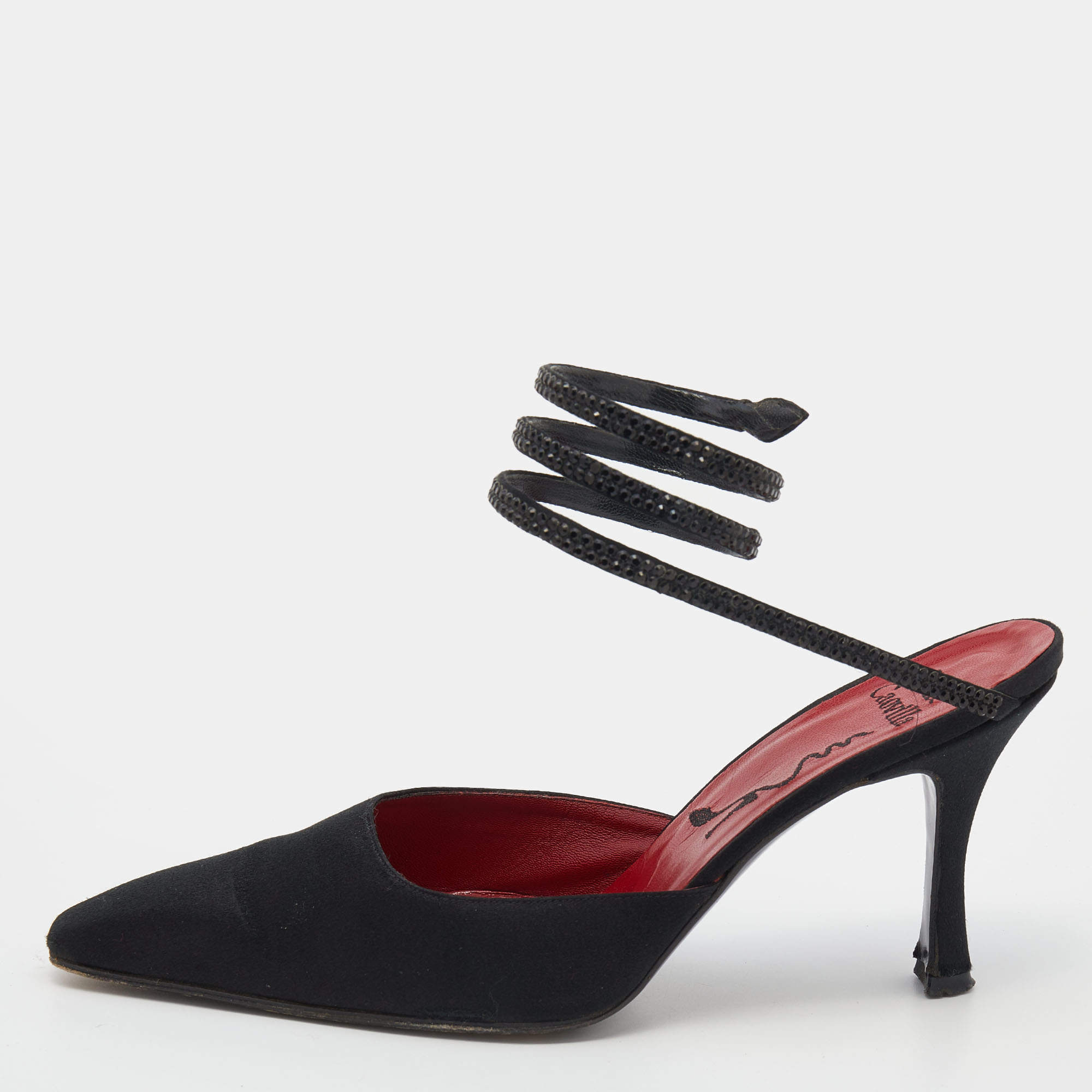 Pre Owned صندل رينيه كوفيلا كليو ساتان أسود مقدمة مدببة مرصع كريستال مقاس38