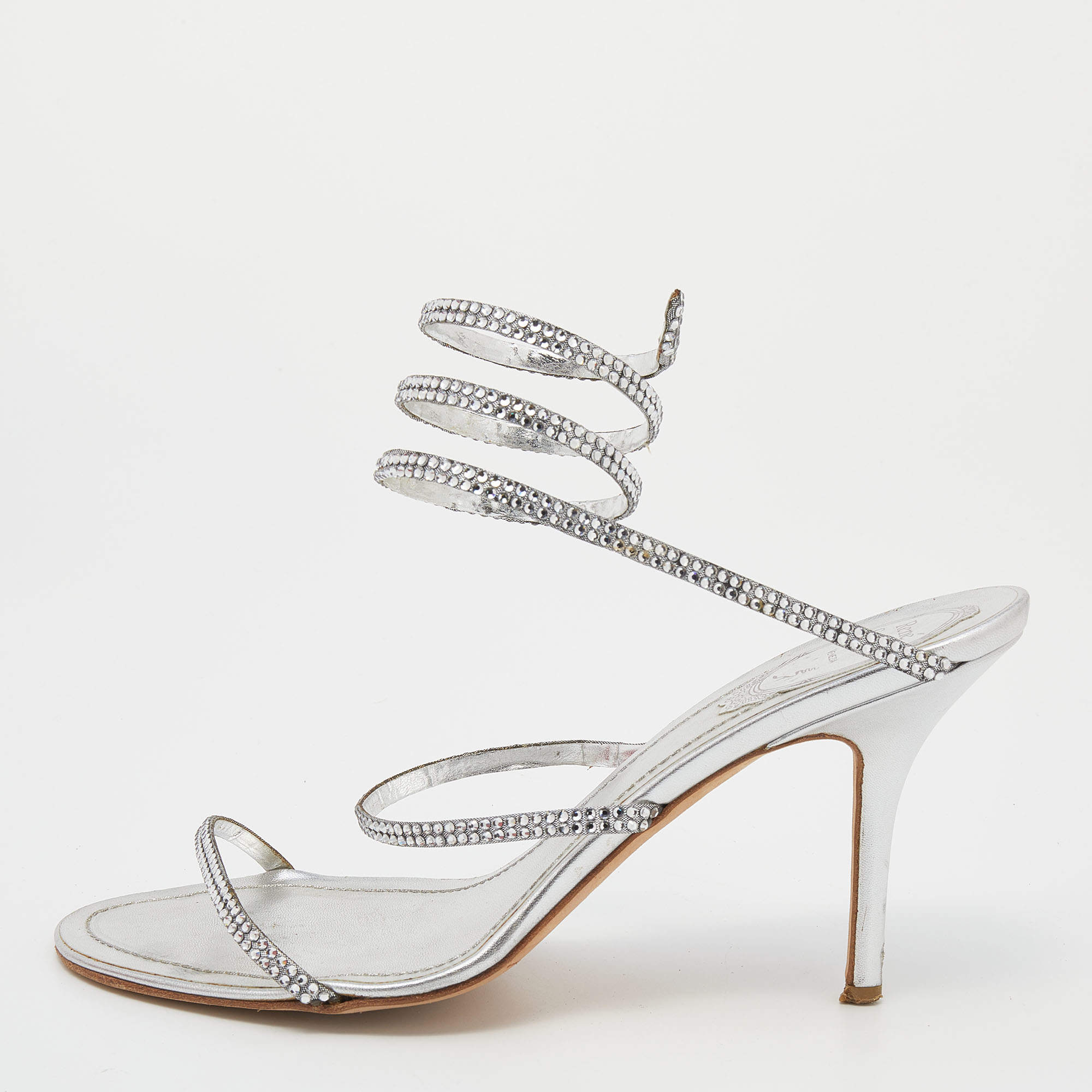Pre Owned René Caovilla Metallic Silver Leather Crystal Cleo Ankle Strap Sandals Size 39.5