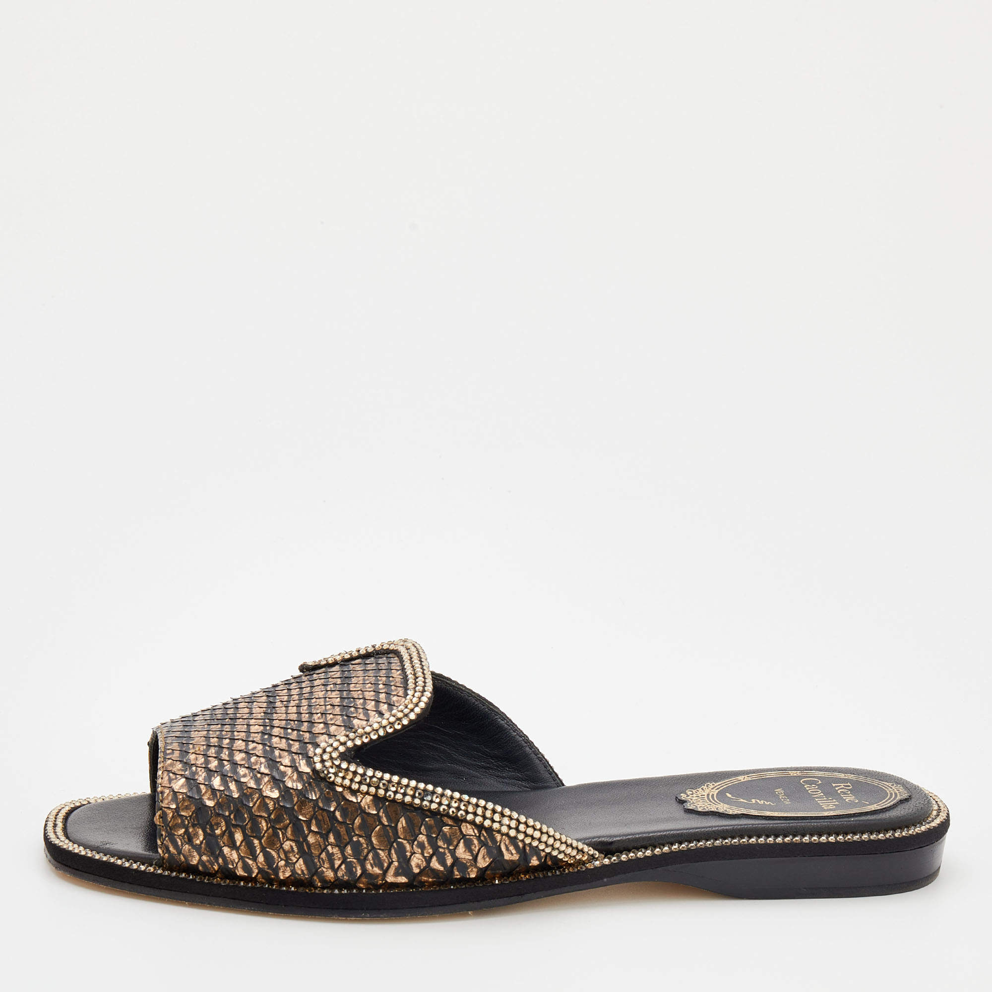 Pre Owned حذاء سلايد رينيه كوفيلا فلات جلد ثعبان أسود /نحاسي ميتالك مرصع كريستال مقاس 36