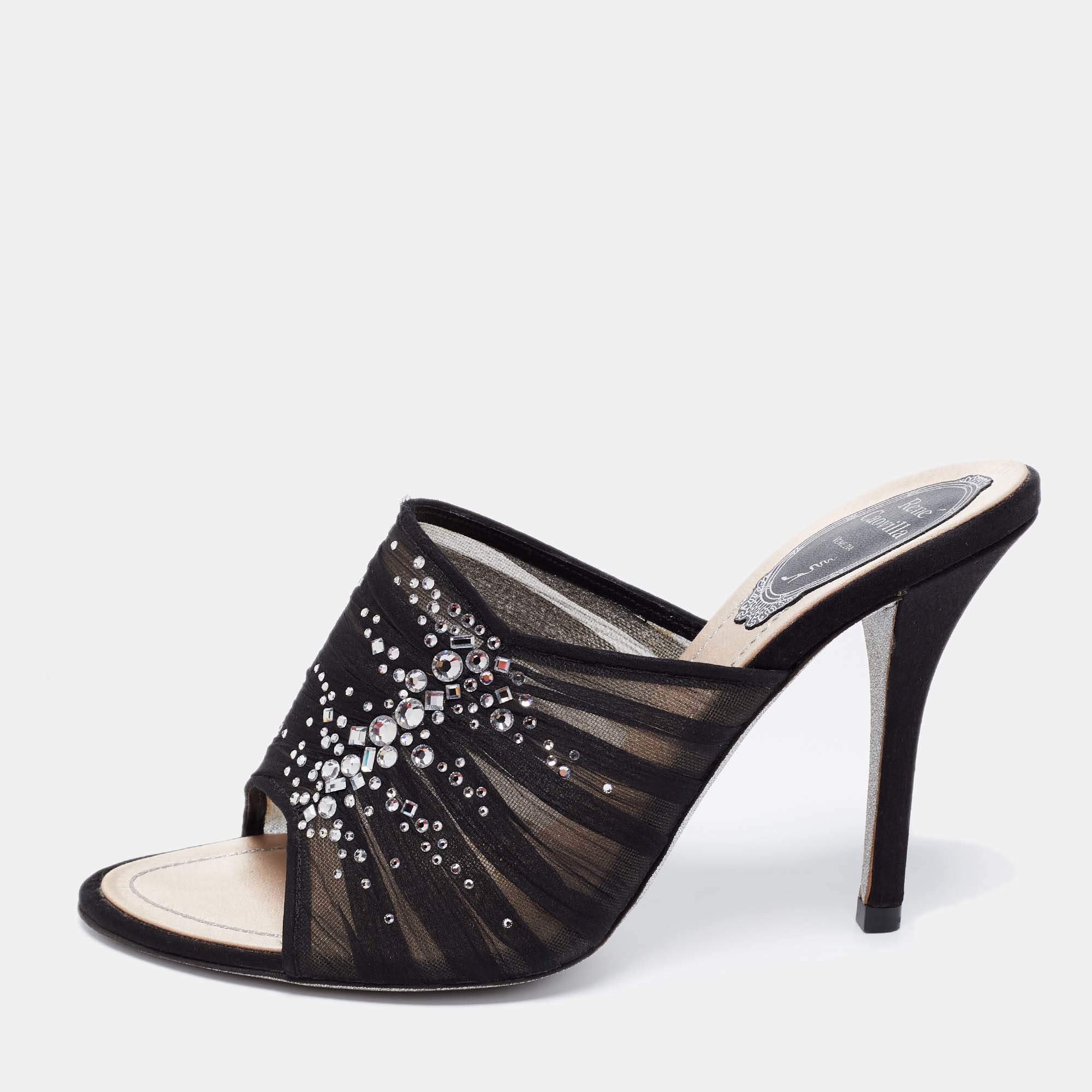 Rene Caovilla Black  Fabric And Mesh Chiffon Crystal Embellished Slide Sandals Size  37