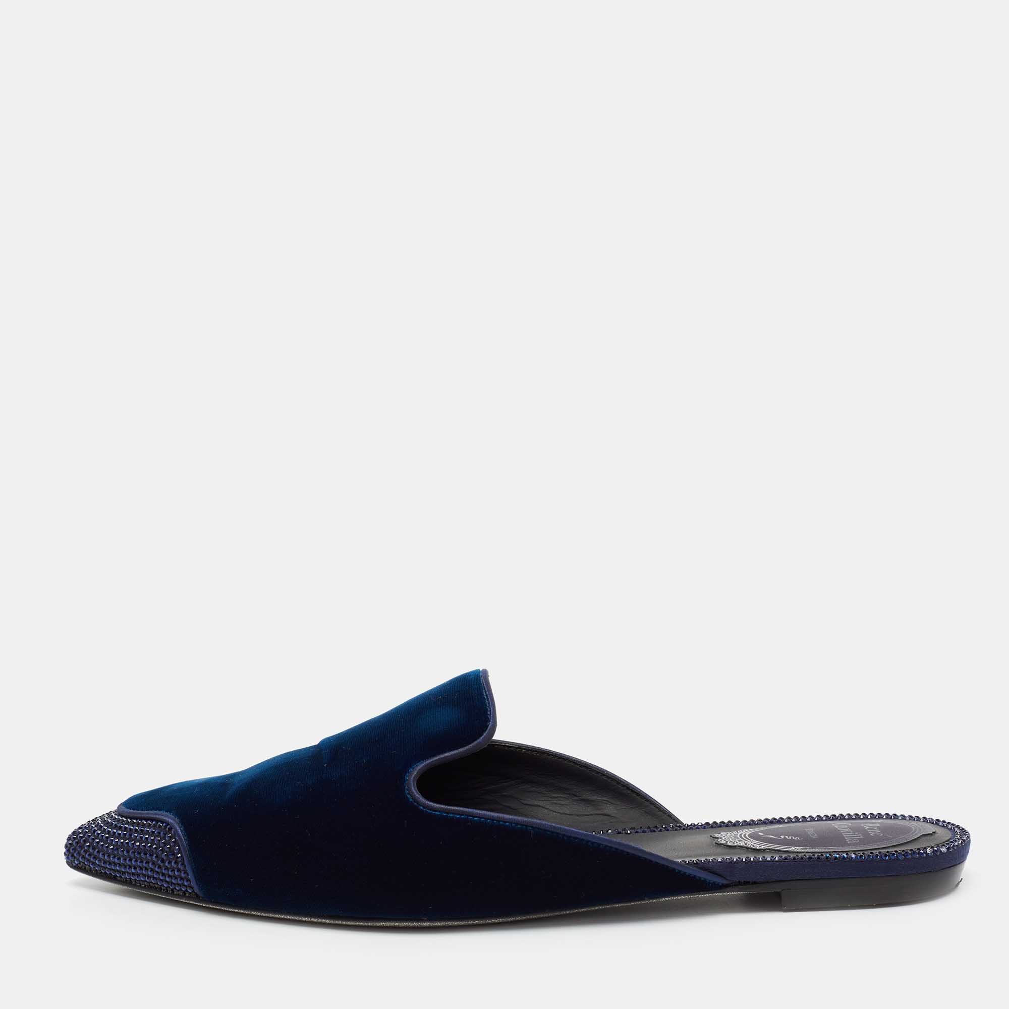 Pre Owned René Caovilla Navy Blue Velvet Crystal Embellished Pointed Toe Flat Mule Size 37