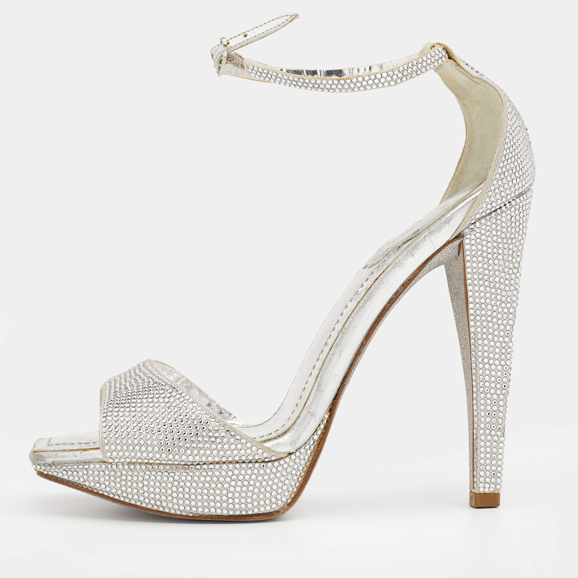 René Caovilla Metallic Silver Crystal Embellished Satin Ankle Strap Platform Sandals Size 37.5